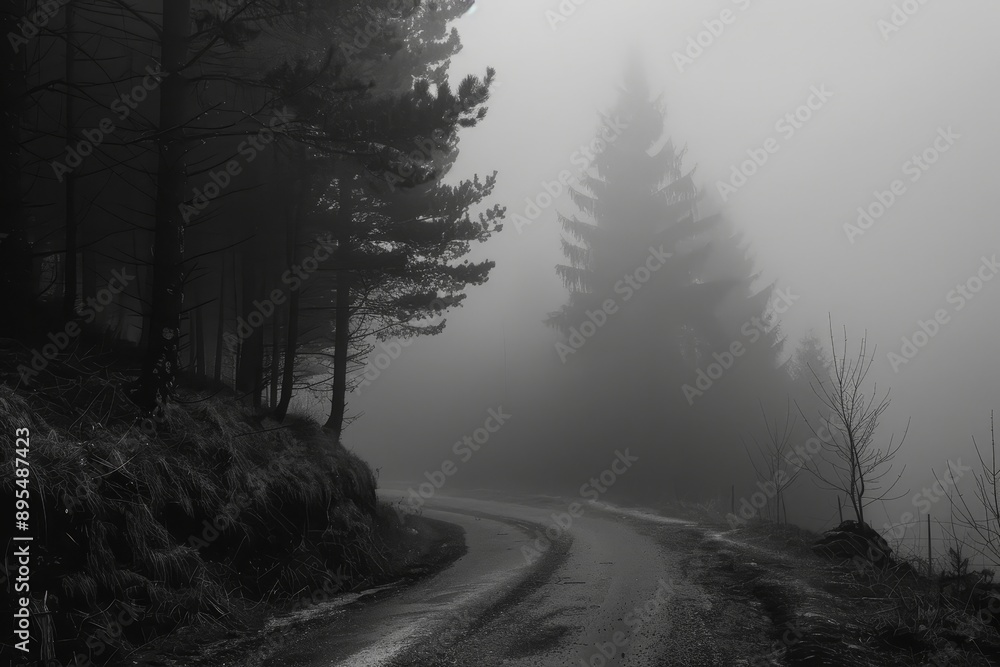 Obraz premium A solitary road curves through a dense forest shrouded in mist, creating an ethereal atmosphere. The tall trees on the left create a sense of mystery, while the fog adds a touch of tranquility. The ro