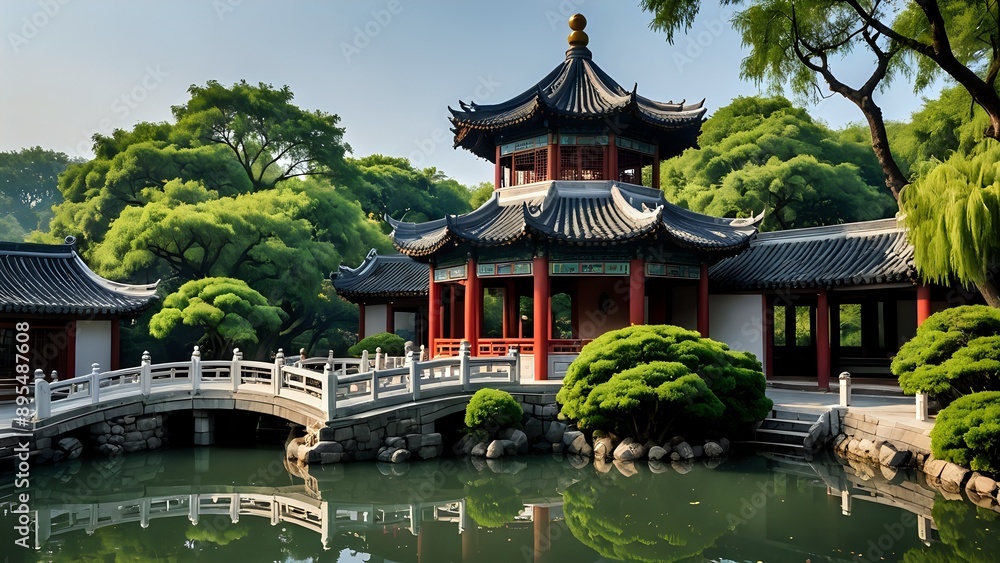 Naklejka premium Traditional Chinese architecture with a bridge and pond.