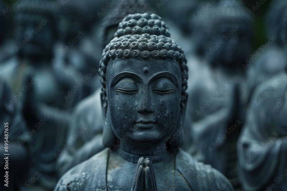 custom made wallpaper toronto digitalA serene Buddha statue with closed eyes and hands in prayer, symbolizing peace, tranquility, meditation, and enlightenment, surrounded by other statues in a serene setting.