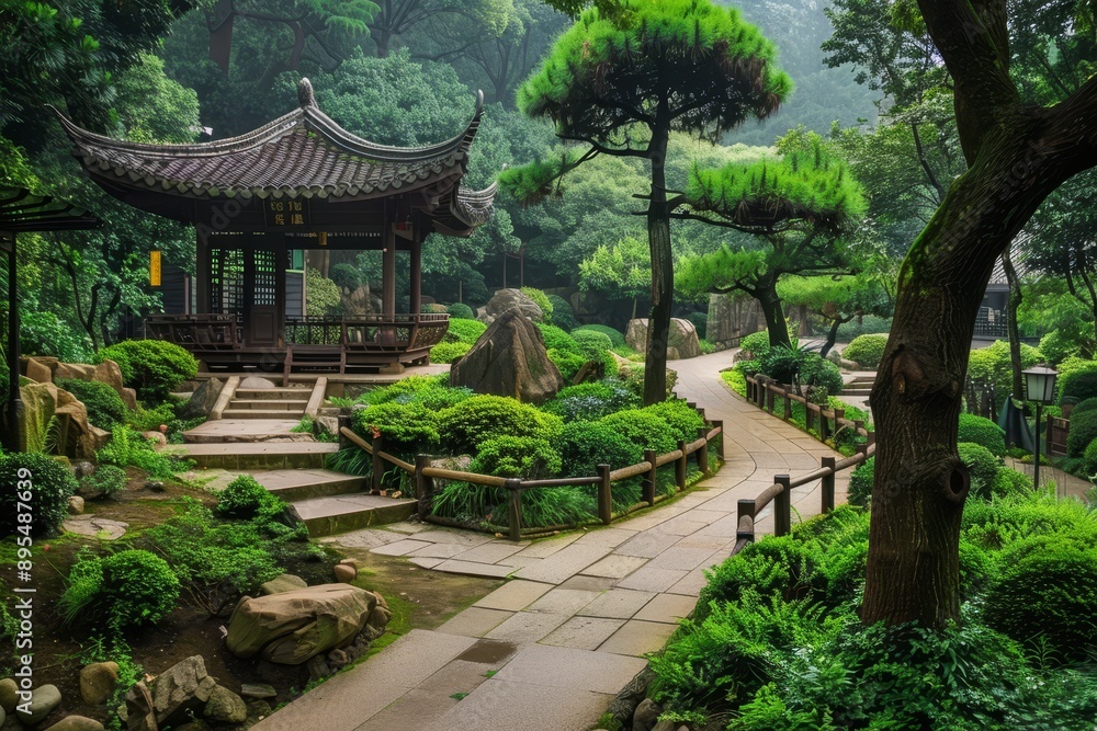 A serene Japanese garden showcasing a traditional pagoda, winding stone path, lush greenery, and a large rock symbolizing tranquility, harmony, and the beauty of nature. A serene Japanese garden showcasing a traditional pagoda, winding stone path, lush greenery, and a large rock symbolizing tranquility, harmony, and the beauty of nature.