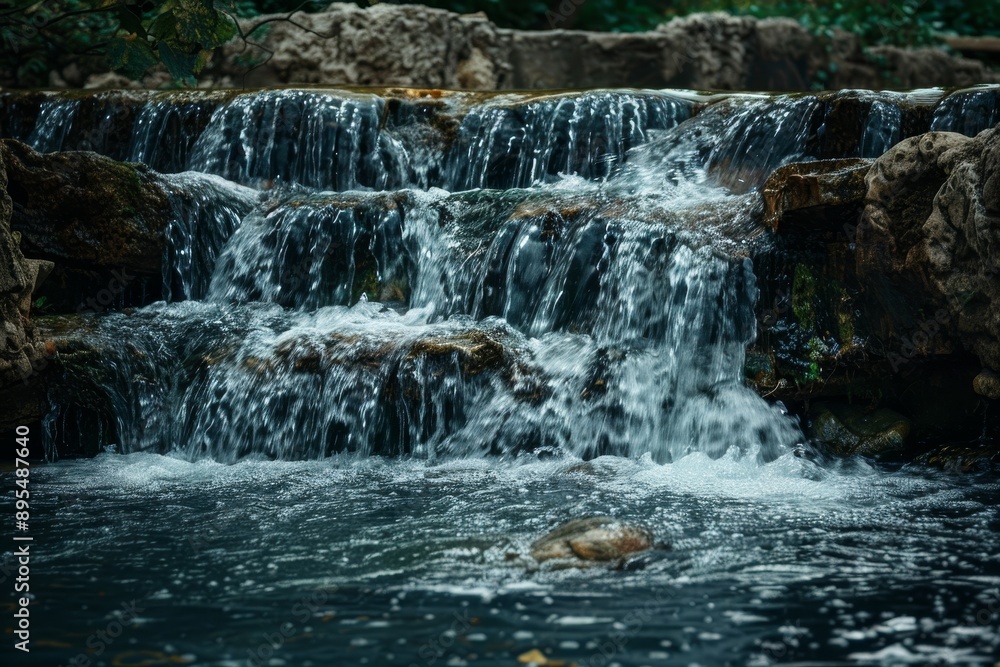 Obraz premium A serene waterfall flows over smooth rocks, creating a peaceful and refreshing ambiance. The cascading water symbolizes tranquility, rejuvenation, and the beauty of nature. The flowing water also repr