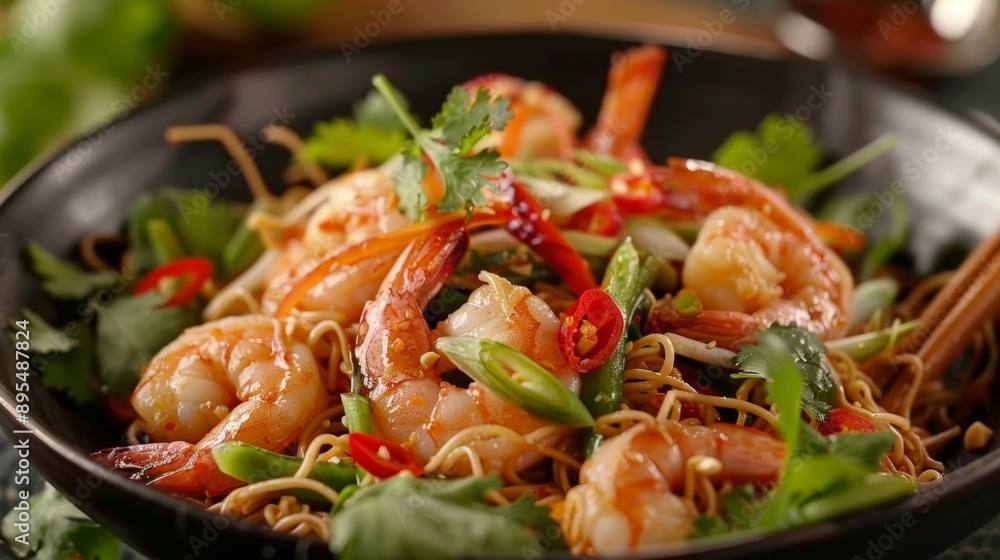 The national cuisine of Thailand. Salad with egg noodles, fried shrimp, beans and chili. The national cuisine of Thailand. Salad with egg noodles, fried shrimp, beans and chili.