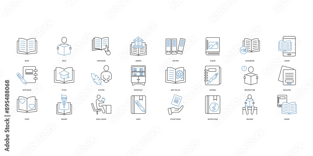 Book icons set. Set of editable stroke icons.Set of Book Book icons set. Set of editable stroke icons.Set of Book