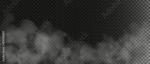 Effect of superposition of steam, smoke. Realistic fog, steam. Cloud of white smoke with overlay effect on a transparent background. Vector illustration of smoky fog or toxic vapor on the floor.