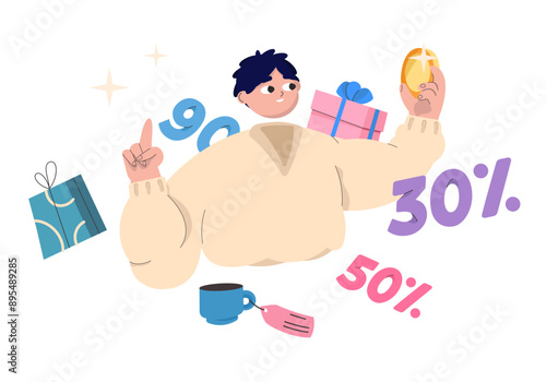 Man surrounded by sale offers