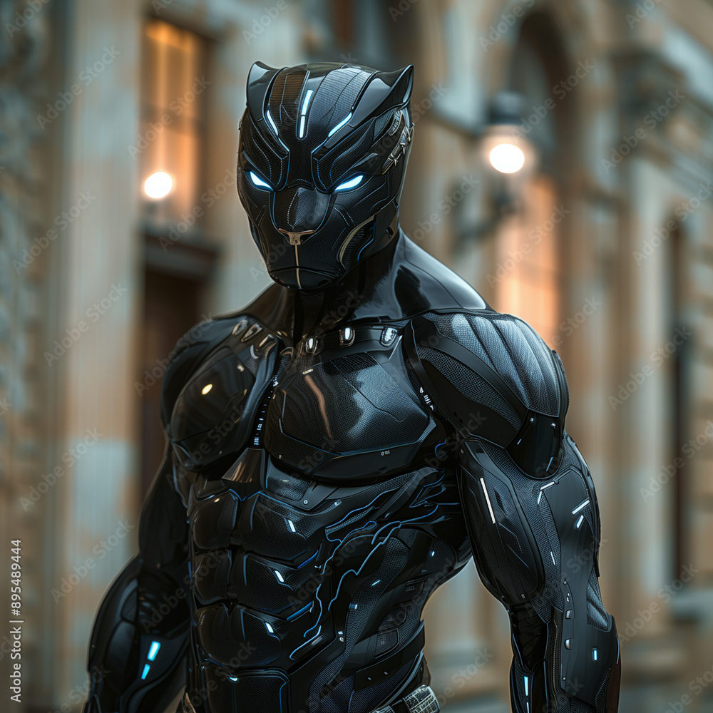 Sleek Humanoid Panther in Black: Full-Body Portrait of a Modern Sleek Humanoid Panther in Black: Full-Body Portrait of a Modern