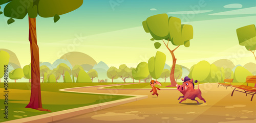 Park street with bench landscape and wild animal. Green public garden with tree in summer. Cute bunny and hog on walkway at sunny day panoramic illustration. Pet character on central alley backdrop