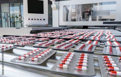 Obraz na płótnie Capsules in blister pack on production line in pharmaceutical industry w salonie
