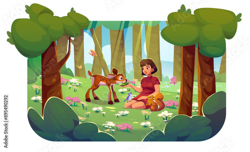 Woman with tree and grass forest nature landscape. Green summer park scene with flower. Girl sitting outdoor on glade with baby deer and squirrel. Eco tourism environment design illustration