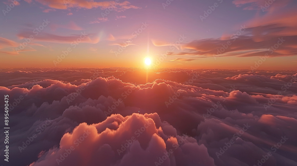 Admire the stunning sunset sky dotted with clouds, as seen from an airplane soaring high above the cloud cover. Admire the stunning sunset sky dotted with clouds, as seen from an airplane soaring high above the cloud cover.
