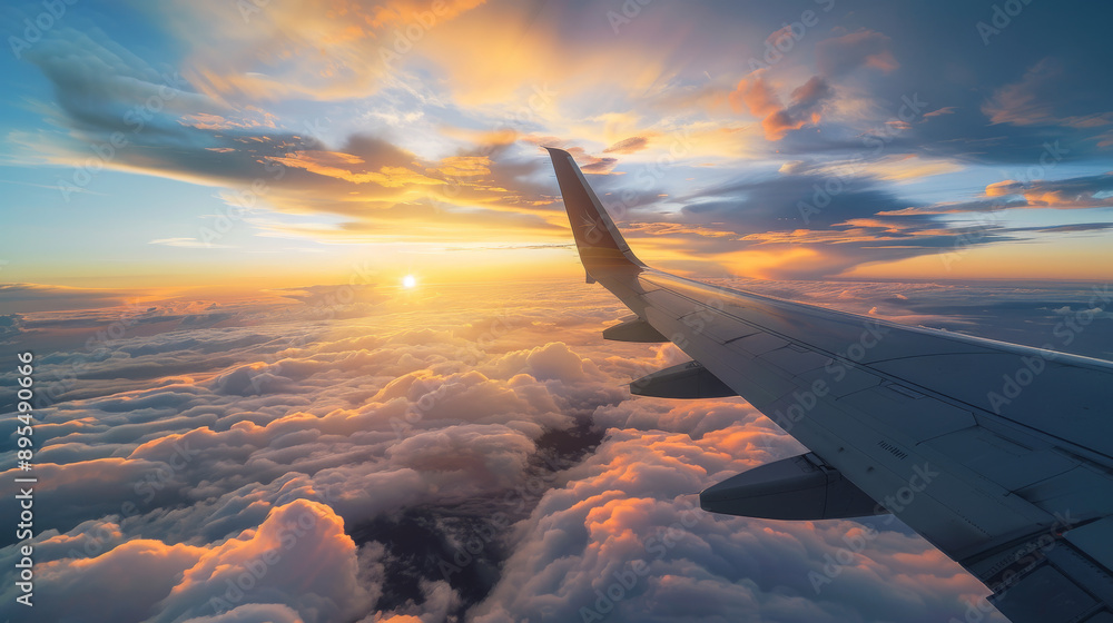 Admire the stunning sunset sky dotted with clouds, as seen from an airplane soaring high above the cloud cover. Admire the stunning sunset sky dotted with clouds, as seen from an airplane soaring high above the cloud cover.