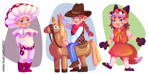 Carnival kid costume. Cowboy child boy character. Cute and funny little girl wearing fox and mushroom suit for school play or celebration. Adorable fantasy theater children dance and waving collection