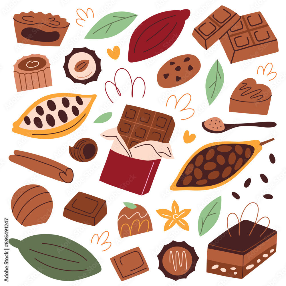 Vector illustration set of chocolate treats, candies, cakes, bars, cocoa beans. Flat, cartoon style, perfect for dessert and sweet themes. Delicious chocolate collection, isolated colored clipart Vector illustration set of chocolate treats, candies, cakes, bars, cocoa beans. Flat, cartoon style, perfect for dessert and sweet themes. Delicious chocolate collection, isolated colored clipart