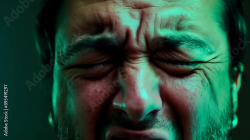 Extreme Closeup of Man Screaming and Squinting in Pain - Intense Emotional Expression
