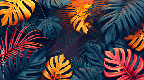 Pattern vector neon tropical leaves of palm, monstera, fern. Orange, purple and green plants on a blue background.