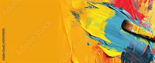 Abstract Art Painting with Yellow, Blue, and Red Strokes and a Paintbrush photo