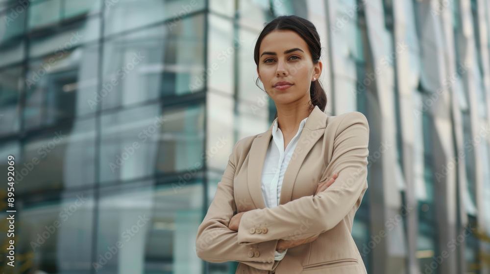 Confident woman in a beige suit, arms crossed, standing in front of a modern building Confident woman in a beige suit, arms crossed, standing in front of a modern building
