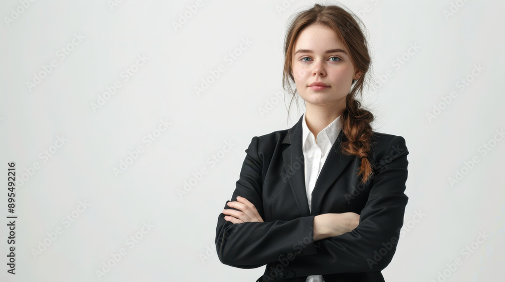 Confident woman in a sharp black suit standing with arms crossed against a white background Confident woman in a sharp black suit standing with arms crossed against a white background
