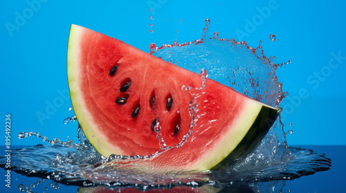 Juicy Watermelon In Water Splash. fresh water splash on red watermelon photo