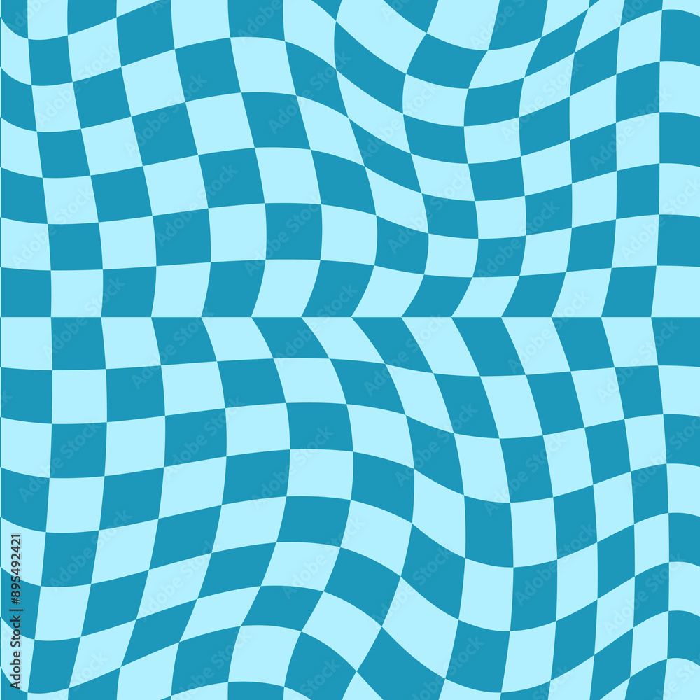Psychedelic checkerboard background. Wavy vector illustrations, trendy psychedelic style and groovy color checkerboard.