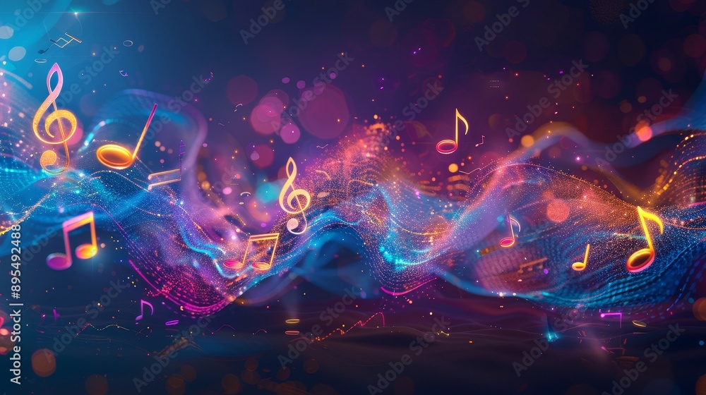 A vibrant abstract background with glowing music notes and waves ...