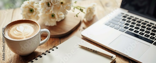 Freelance Work Setup, Laptop, Coffee, Notepad and Flowers