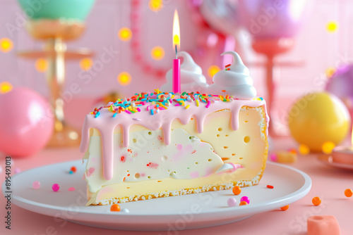 Slice of cake with pink frosting, sprinkles, and a lit candle on a pastel background. A festive and colorful dessert scene perfect for celebrations.