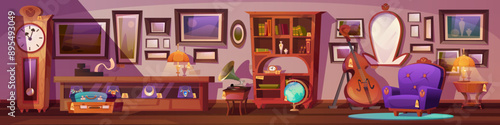 Antique shop with vintage furniture and bookshelf. Store interior to buy rarity jewelry, expensive watch or mirror frame. Cozy office environment panorama with contrabass, gramophone and globe