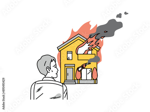 火事で家が燃えて呆然とする男性のイラスト