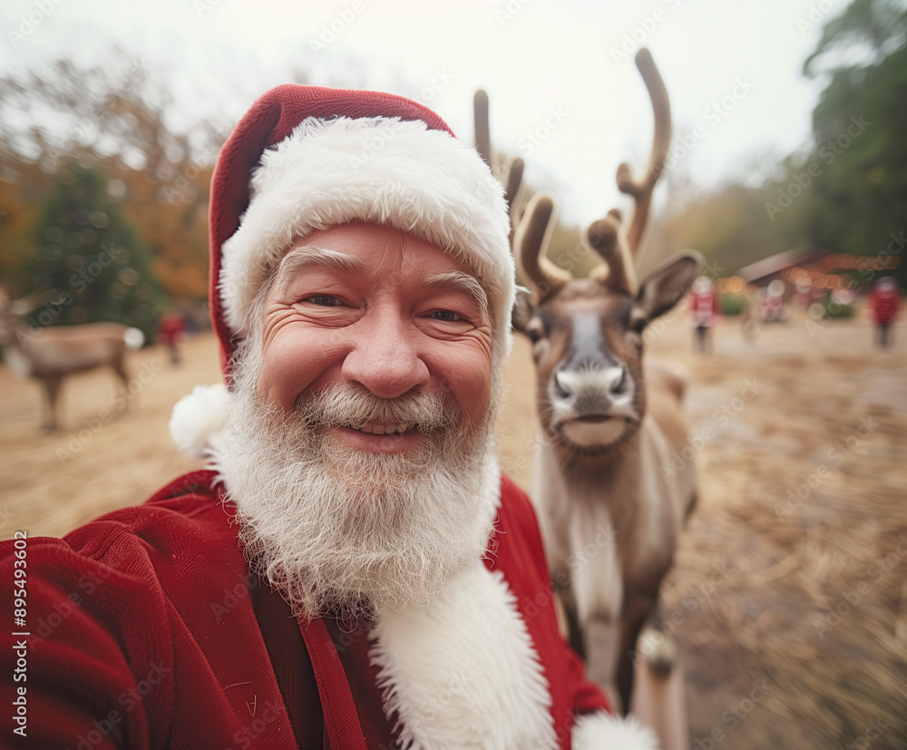 Santa Claus taking a selfie with a reindeer in a festive outdoor setting. A joyful holiday moment capturing the spirit of Christmas and the bond with Santa's iconic companion. Santa Claus taking a selfie with a reindeer in a festive outdoor setting. A joyful holiday moment capturing the spirit of Christmas and the bond with Santa's iconic companion.