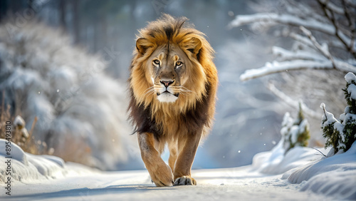 a lion in walking in a winter, snow everywhere