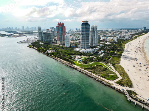 Travel in Miami. Skyline of Miami Beach from top. Miami beach coastline. Panoramic view of Luxury condos in Miami Beach Florida. Aerial View of Surfside Beach. photo