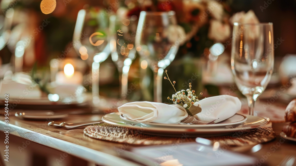 Elegant dining arrangement with a blank reservation card, ideal for weddings and special occasions Elegant dining arrangement with a blank reservation card, ideal for weddings and special occasions