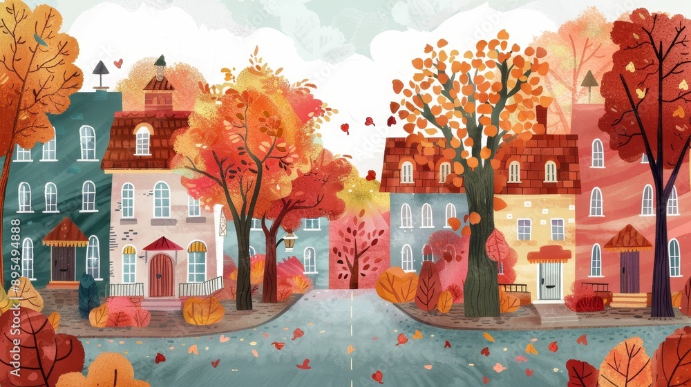 A quaint street lined with colorful houses, vibrant fall foliage, and a touch of whimsical charm. The scene evokes a sense of cozy warmth, autumnal beauty, and peaceful tranquility. A quaint street lined with colorful houses, vibrant fall foliage, and a touch of whimsical charm. The scene evokes a sense of cozy warmth, autumnal beauty, and peaceful tranquility.