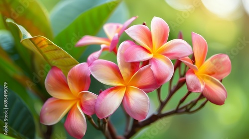 A close-up of vibrant pink and yellow Plumeria flowers in bloom, showcasing their delicate petals and graceful curves, bathed in warm sunlight, symbolizing beauty, tranquility, and tropical paradise.