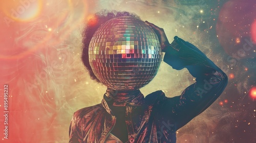 A person with a disco ball head against a dreamy, galaxy backdrop symbolizes fun, music, party, entertainment, and fashion. photo