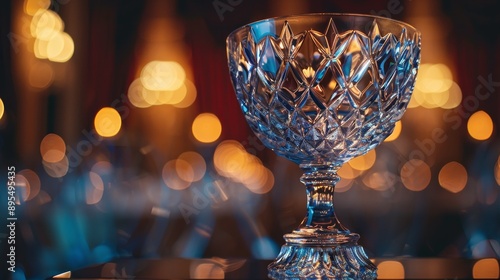A crystal glass with intricate patterns stands on a table, illuminated by warm, blurred bokeh lights symbolizing celebration, sophistication, and a sense of occasion.