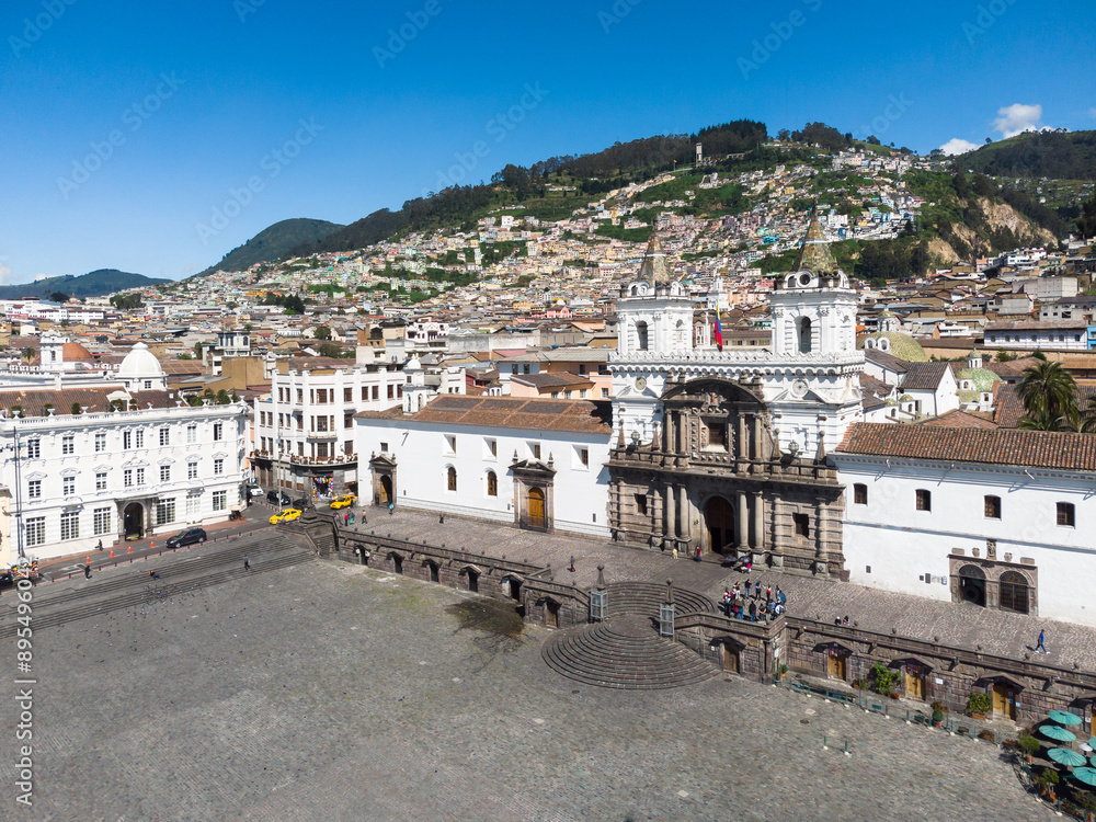 Quito, Ecuador: Aerial the San Francisco church and plaza in the heart of Quito historic colonial city center in Ecuador on a sunny day.