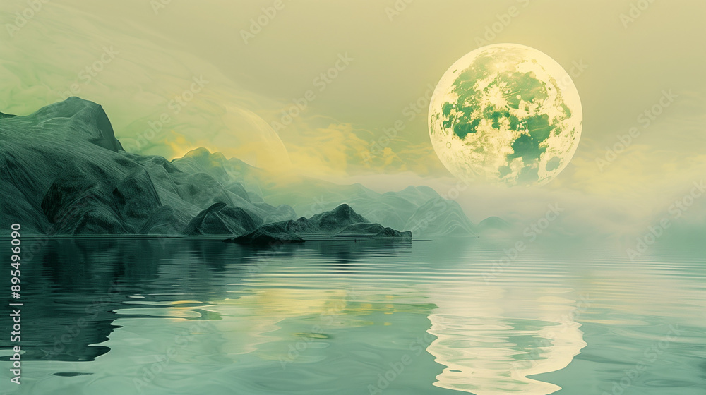 A full moon reflected on the water, Chinese style landscape painting, moonlight reflection photography