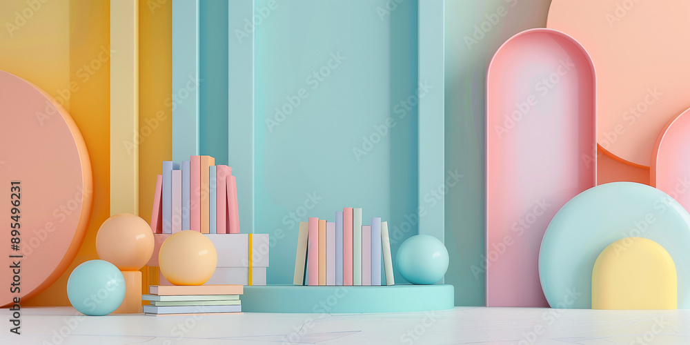 Fototapeta premium abstrakter Fotohintergrund mit Kinderbuch und fantasievollen und verspielten Elementen, fröhliche und farbenfrohe Töne, minimalistischer Stil, sanfte Farbverläufe