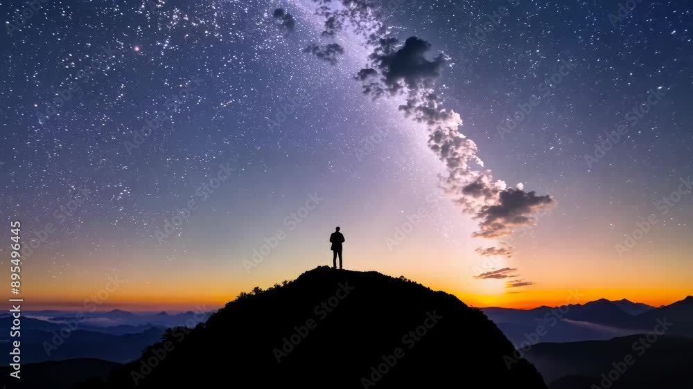 Nighttime Serenity: Man on Mountain with Starry Sky Backdrop Nighttime Serenity: Man on Mountain with Starry Sky Backdrop