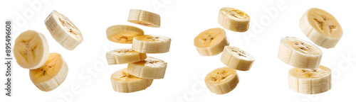 Flying banana slices isolated transparent background, PNG set