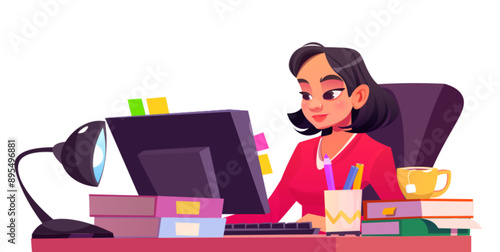 Young woman working at office desk isolated on white background. Vector cartoon illustration of female secretary, manager or accountant sitting at table, folders, books, lamp and tea cup on table