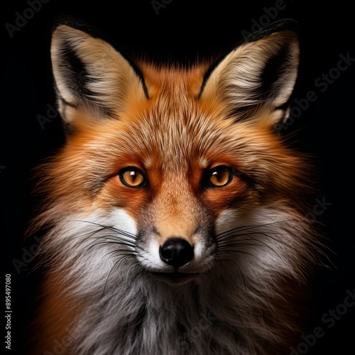 Close up portrait of a red fox isolated on a dark background. The fox has vibrant fur and bright, alert eyes, making it perfect for websites, blogs, and social media posts.