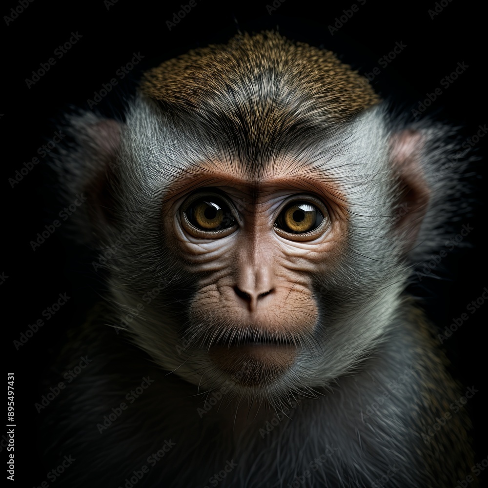 A closeup portrait of a monkey s face. The monkey has brown fur, dark brown eyes, and a curious expression on its face. The background is black, which makes the monkey s face stand out. A closeup portrait of a monkey s face. The monkey has brown fur, dark brown eyes, and a curious expression on its face. The background is black, which makes the monkey s face stand out.