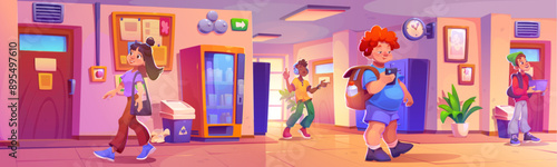 Student kids and teens walking in school hall during break. Cartoon vector education building corridor interior with lockers and classroom doors, window and bulletin board, bell and wall clock.