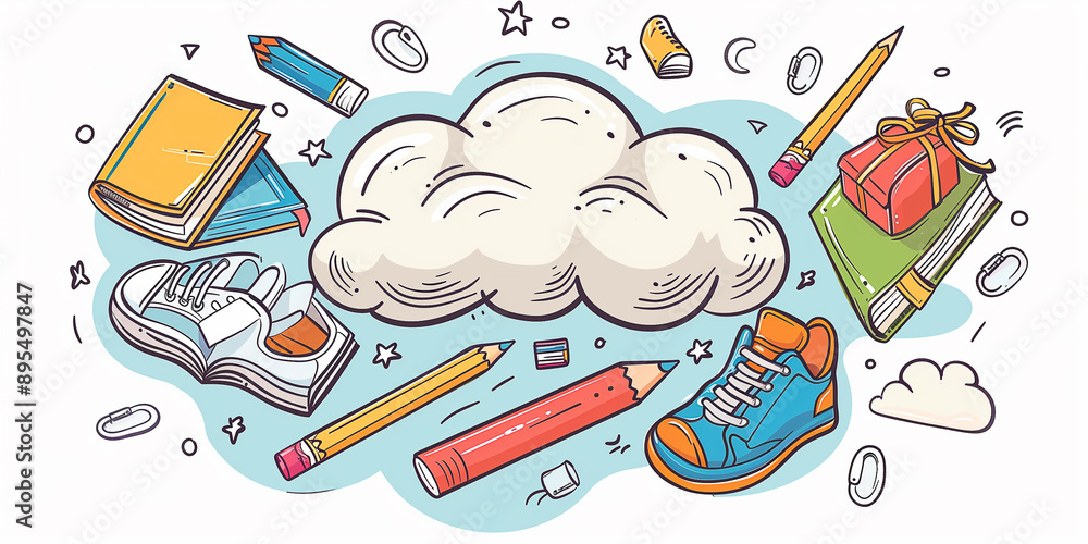 Schule Wolke mit unterschiedlichen Utensilien. Einschulung oder lernen. Schule Wolke mit unterschiedlichen Utensilien. Einschulung oder lernen.