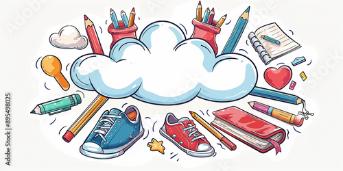 Schule Wolke mit unterschiedlichen Utensilien. Einschulung oder lernen.