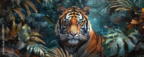 A tiger in a shrinking jungle, surrounded by deforestation, endangered wildlife, digital painting, vibrant greens and browns, fight for survival