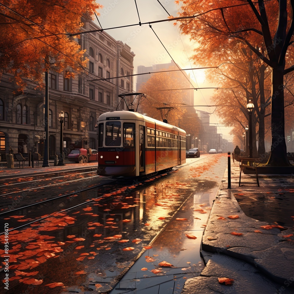 Obraz premium A beautiful cityscape of a street with fallen autumn leaves, a vintage tram passing by, and stunning architecture in the background. Perfect for travel, tourism, and transport concepts.